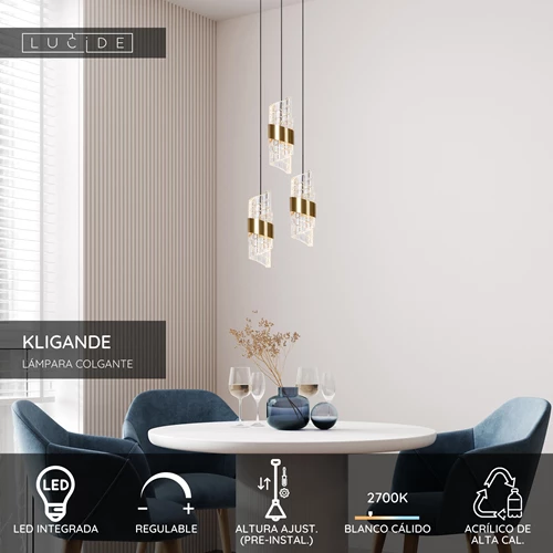 Lucide KLIGANDE - Lámpara colgante - Ø 25 cm - LED Regul. - 3x8W 2700K - Oro mate / Latón - USP